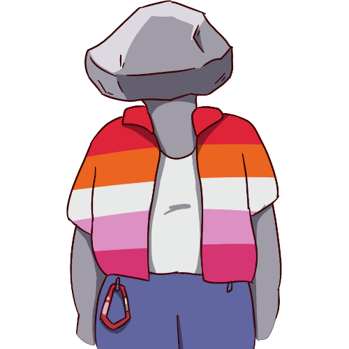 a figure with a large rock for a head and gray skin wearing a white tank top, blue jeans with a carabiner clipped on, and an unbuttoned over shirt colored with the lesbian flag, with the stripes being scarlet, orange, white, light pink, and magenta.